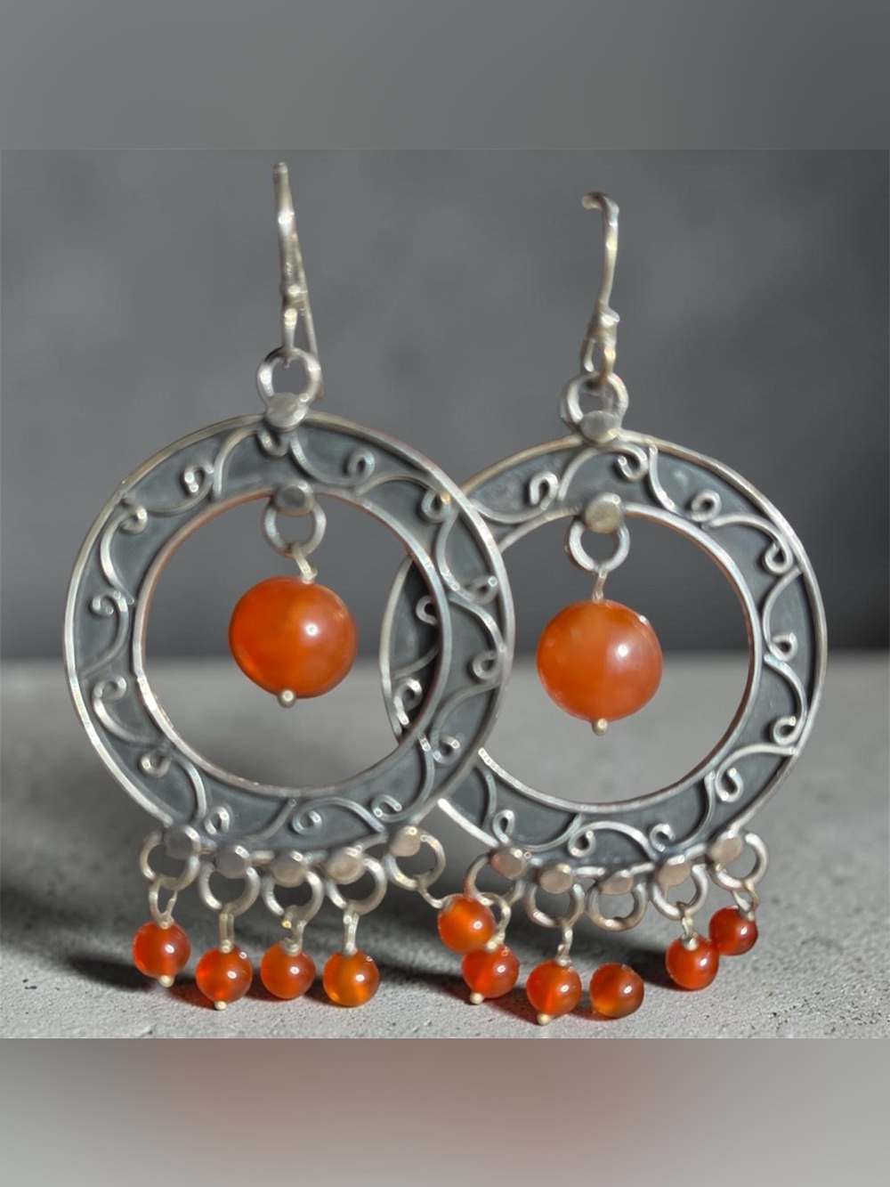 Sterling Silver Carnelian Hoop Chandelier Earrings 925